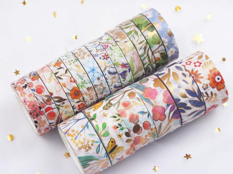 YUBBAEX Floral Gold Washi Tape Set VSCO Foil Masking Tape Decorative for Arts, DIY Crafts, Journal Supplies, Planners, Scrapbook, Card/Gift Wrapping -8/15mm- (Blooming 18 Rolls) - Image 3